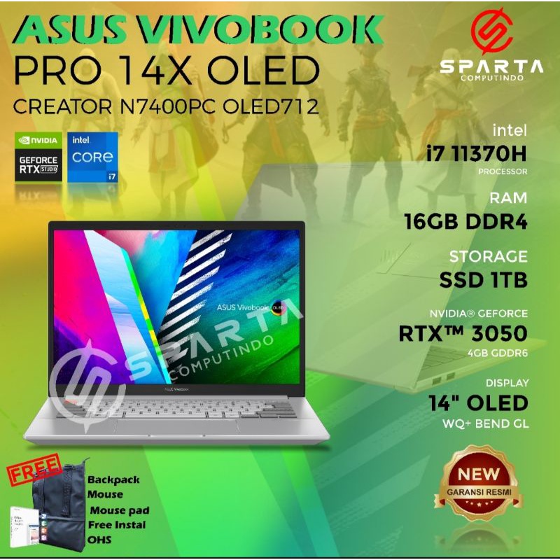 Laptop Asus Vivobook Pro 14X OLED N7400PC Core i7 Gen 11 Ram 16 GB SSD 1TB RTX3050 4 GB Win 10 OHS New