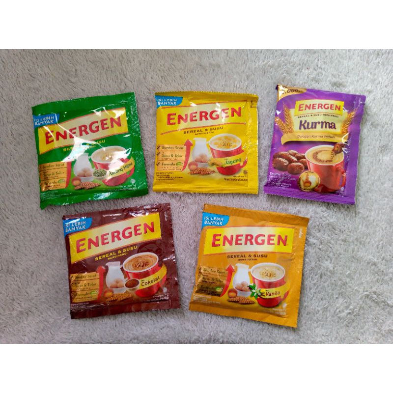 

ENERGEN SEREAL & SUSU Jagung, Kacang Hijau, Coklat, Kurma, Vanila 34gr