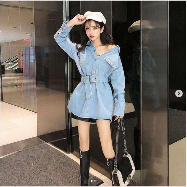 JES-PS3636 mini dress denim jeans lengan panjang casual import korea