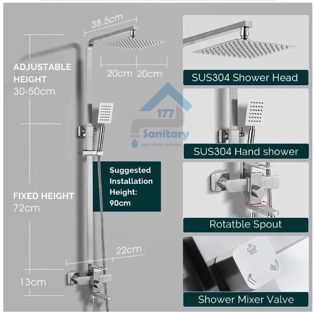 Tiang Shower column stainless 304 Set Minimalis Kotak 1003 &amp; Kran Panas Dingin segi stenlis kolom mixer complete set kotak stenlis