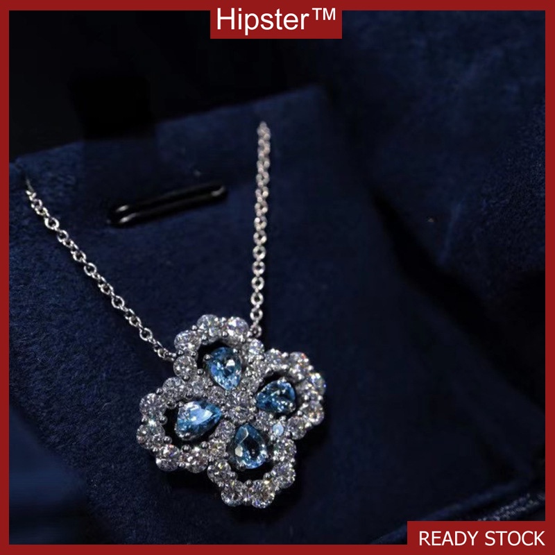 Four-Leaf Clover Necklace Light Luxury Minority Full Diamond Sea Blue Clavicle Chain