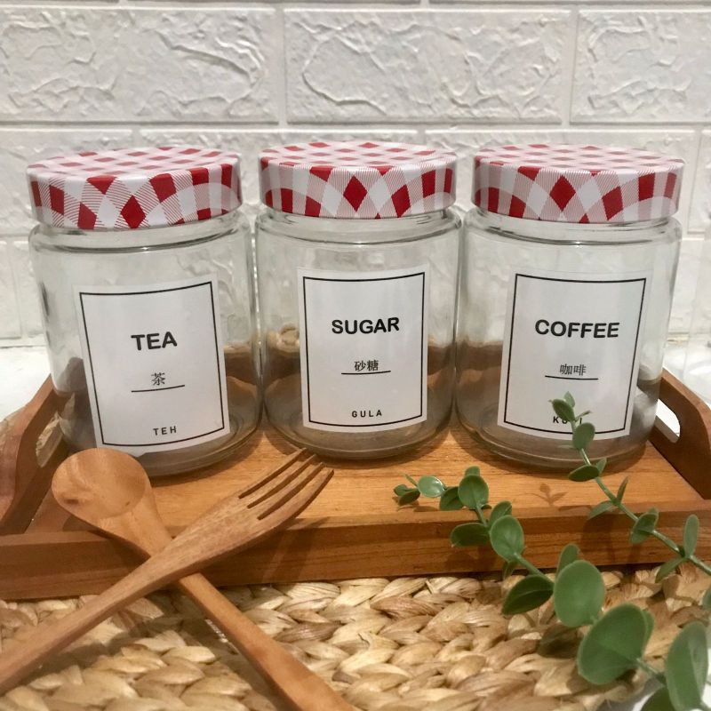 TOPLES BUMBU DAPUR  BAHAN KACA MOTIF KOTAK MERAH FREE LABEL STIKER SIZE 1 LITER