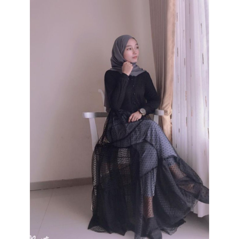 Gamis Polkadot hitam no furing