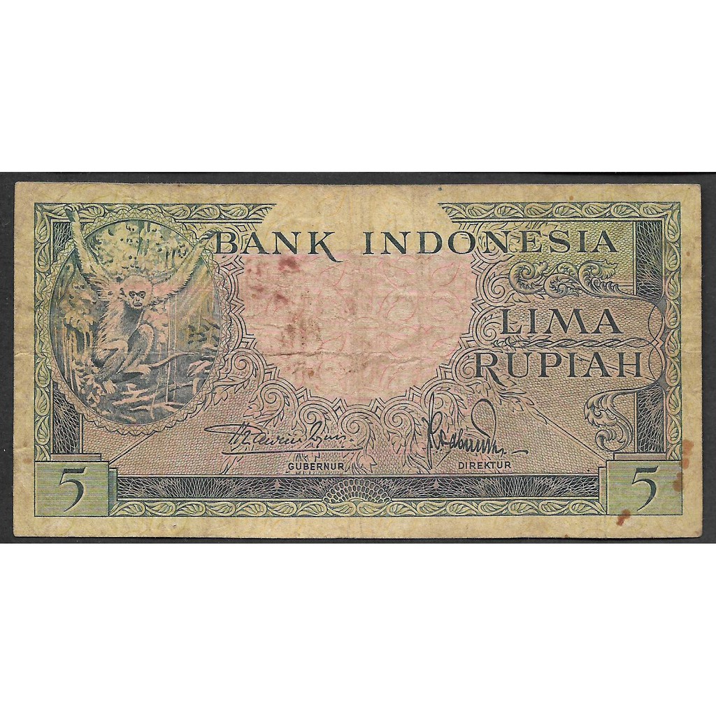 Uang Kertas Indonesia 5 Rupiah Kera 1957 VF- Sudah terpakai