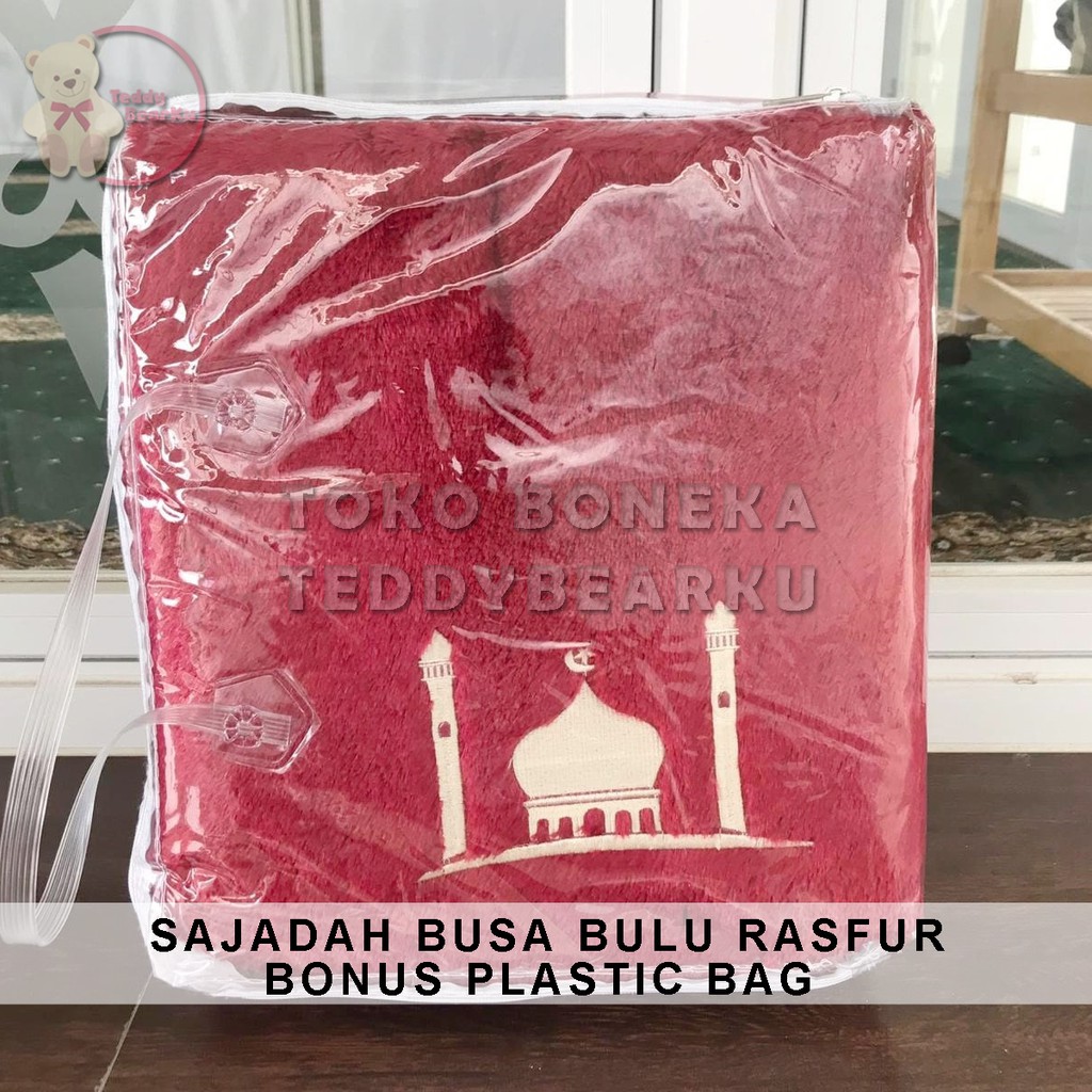 SAJADAH BUSA RASFUR MERAH MOTIF MASJID BONUS PLASTIC BAG