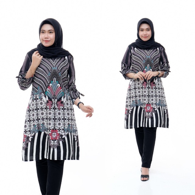 tunik wanita batik kantoran seragan murah jumbo big size salur hitam putih