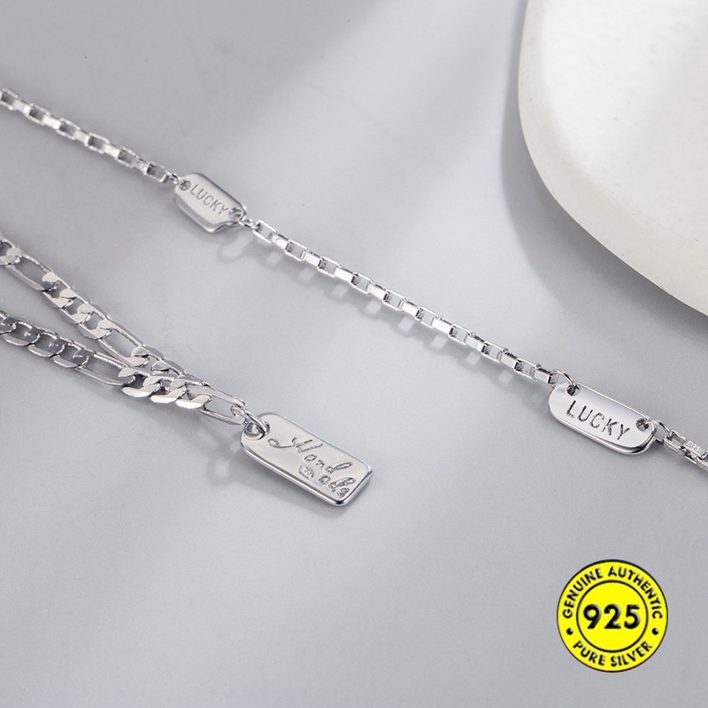 Kalung Rantai Klavikula Bahan S925 Silver Double Layer Dengan Liontin Persegi Tahan Air Anti Karat Untuk Wanita