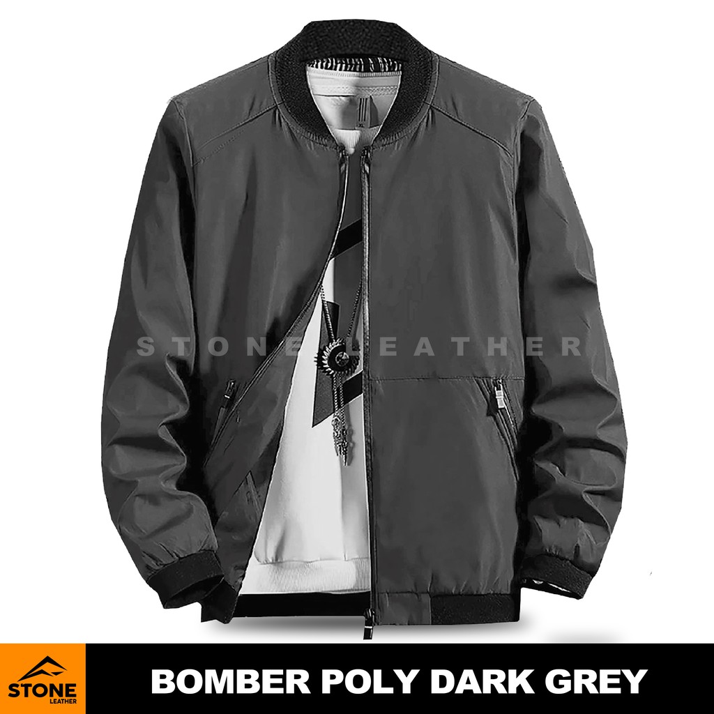 Jaket Bomber Pria terbaru Bomber Poly Srone Leather/Jaket Parasut/Jaket Pria Dark Grey