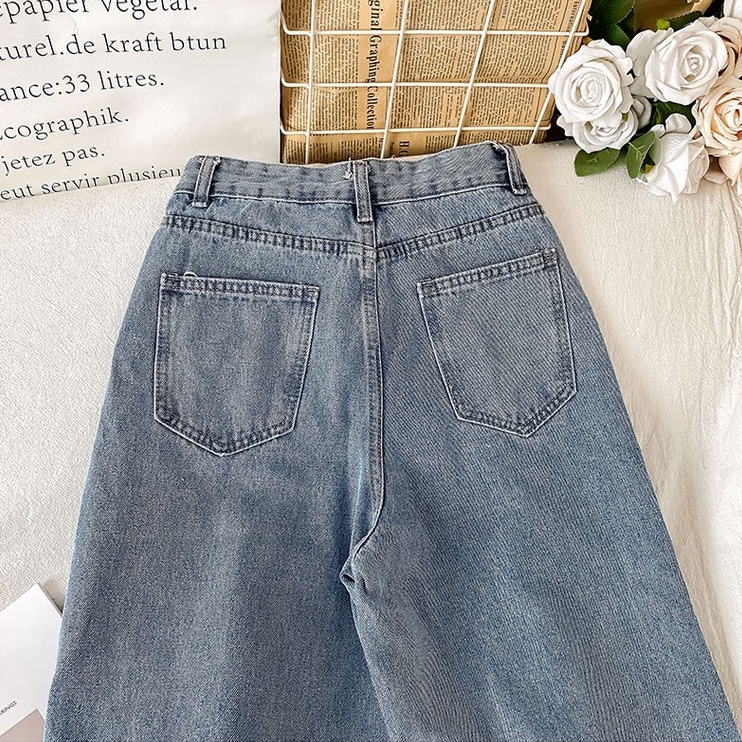 Bordir Smile Kekinian/Biru Boyfriend Highwaist Loose Celana Jeans Panjang Wanita (realpict)