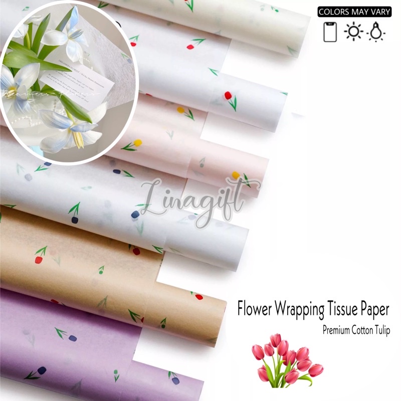 ( 5 Lembar ) PREMIUM COTTON TULIP - FLOWER WRAPPING TISSUE PAPER -  KERTAS BUNGA TISU KARANGAN BUKET BUNGA MOTIF