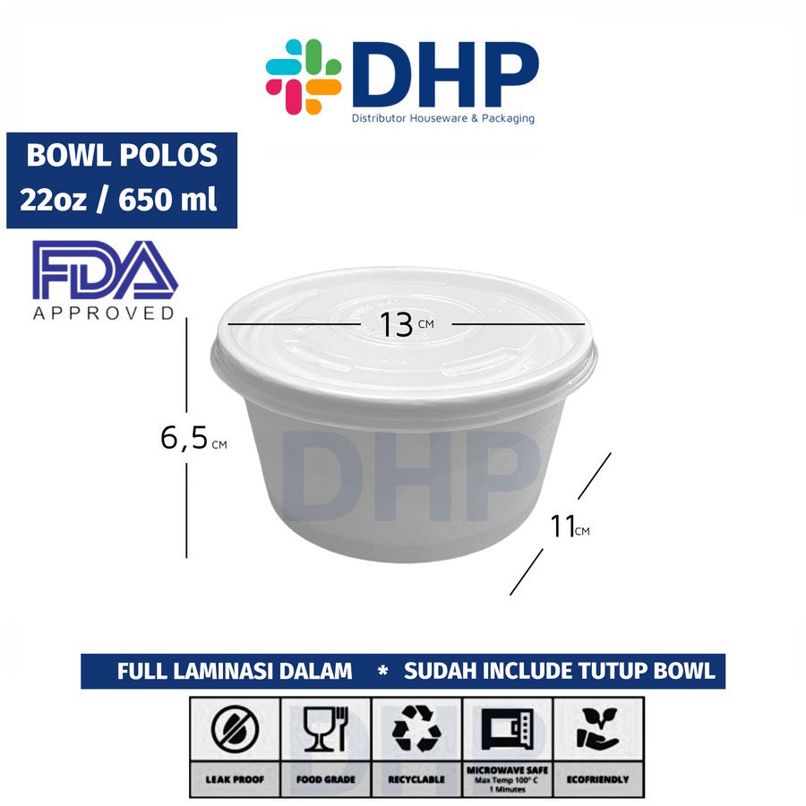 Paper Bowl Mangkok Kertas 22 oz (650 ml) Rice Bowl (Bowl + Tutup/Lid) MINIMAL 50 PCS