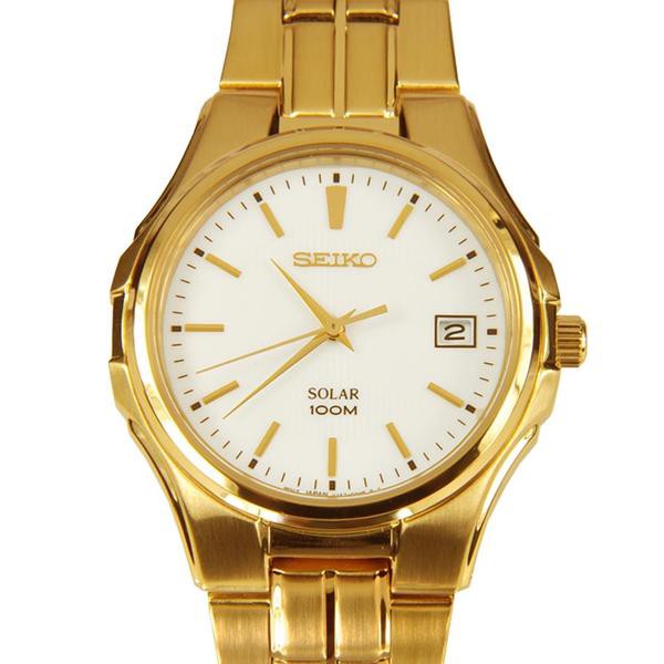 Seiko Mens SNE134P1 Solar White Dial Gold Coating | Jam Pria SNE134