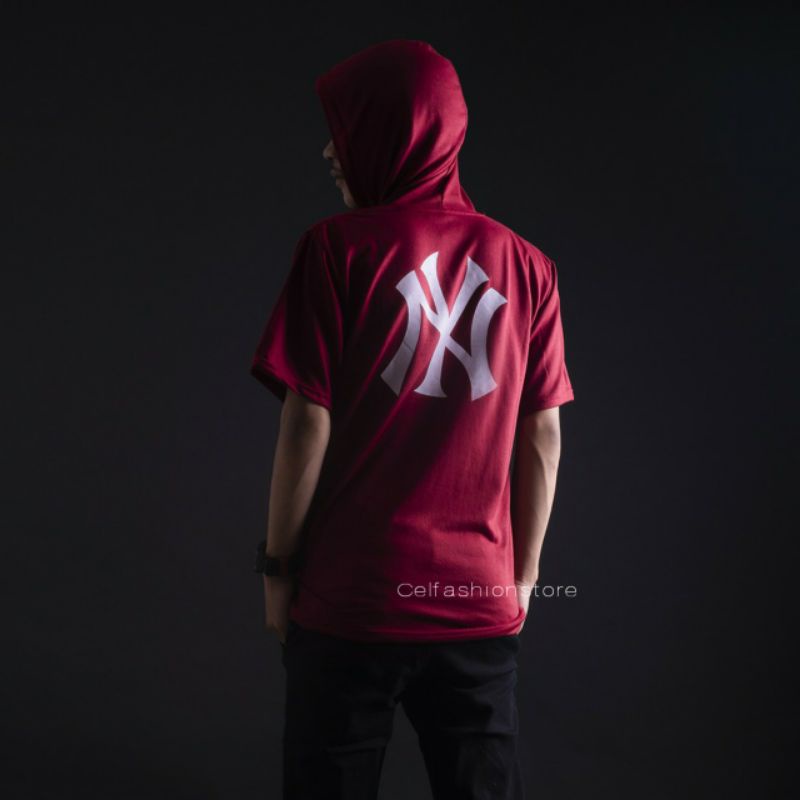 ✨Promo⚡Kaos Hoodie Pria Lengan Pendek Sablon NY Kualitas Distro warna merah maroon