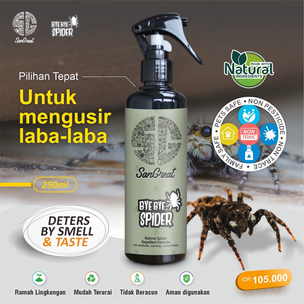 Cairan Pengusir laba-laba SanGreat Bye Bye Spider untuk di rumah,  atap, tanaman non pestisida aman tidak mematikan 250 ml