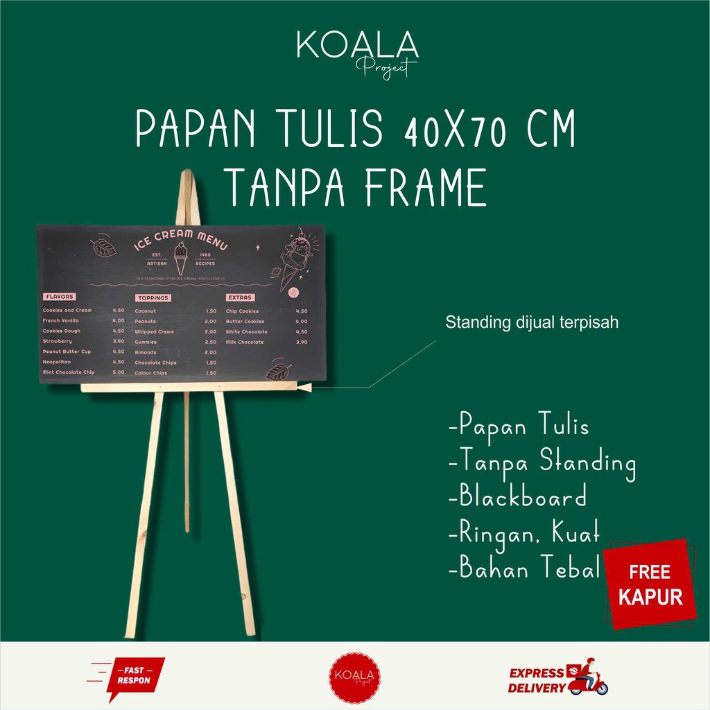 

PAPAN TULIS KAPUR HITAM BLACKBOARD CHALKBOARD 40x70 CM TANPA FRAME TANPA STANDING