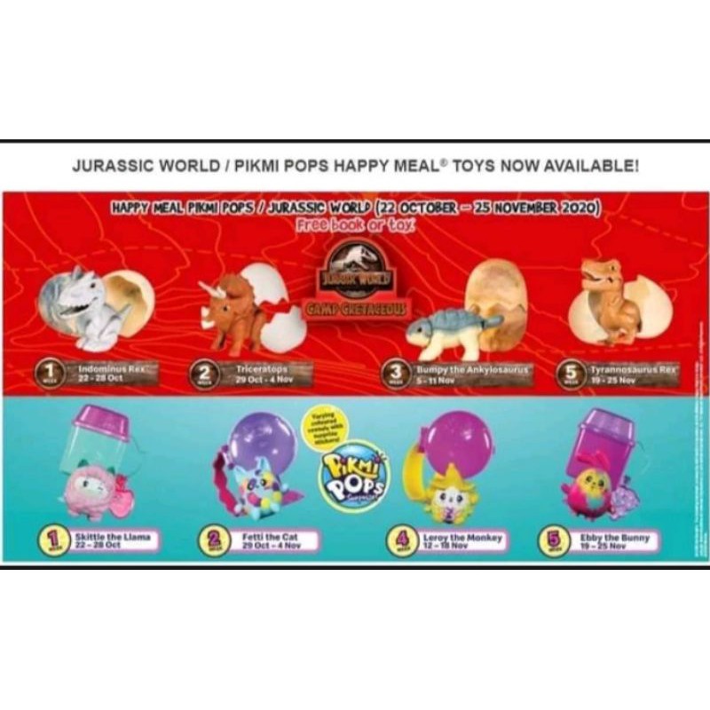 Happy meal 2020 october MCD Dino dinosaurus Jurassic world pikmi pops surprise