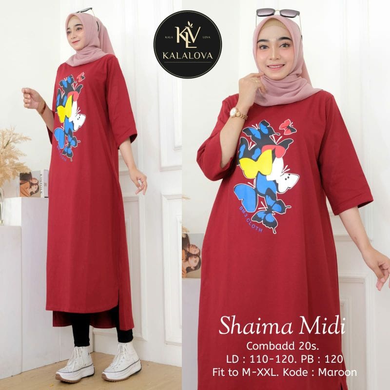 Shaima Midi Dress Muslim Long Dress Jumbo Baju Kaos Wanita Korean Style Ootd Kekinian Matt Combed Aplikasi Sablon