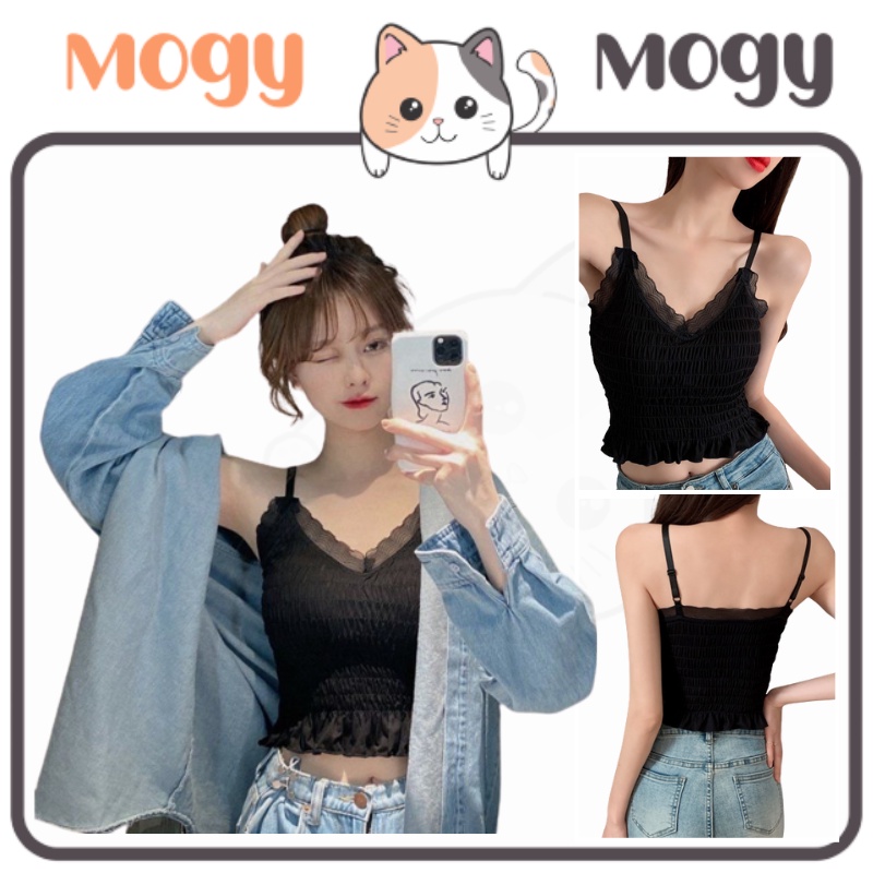 MOGYMOGY BRA518 Tanktop V-Neck Crop Renda Crinkle Dengan Busa Bra Tanpa Kawat Singlet Casual OOTD