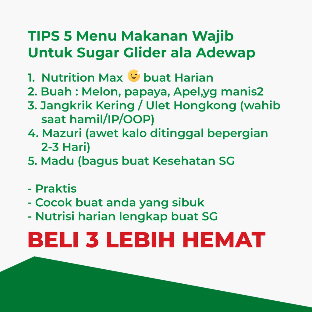 ADEWAP GLIDER Nutrition Max Makanan Bubur Sugar Glider Premix Protein Kalsium HPW Daily Meal Harian