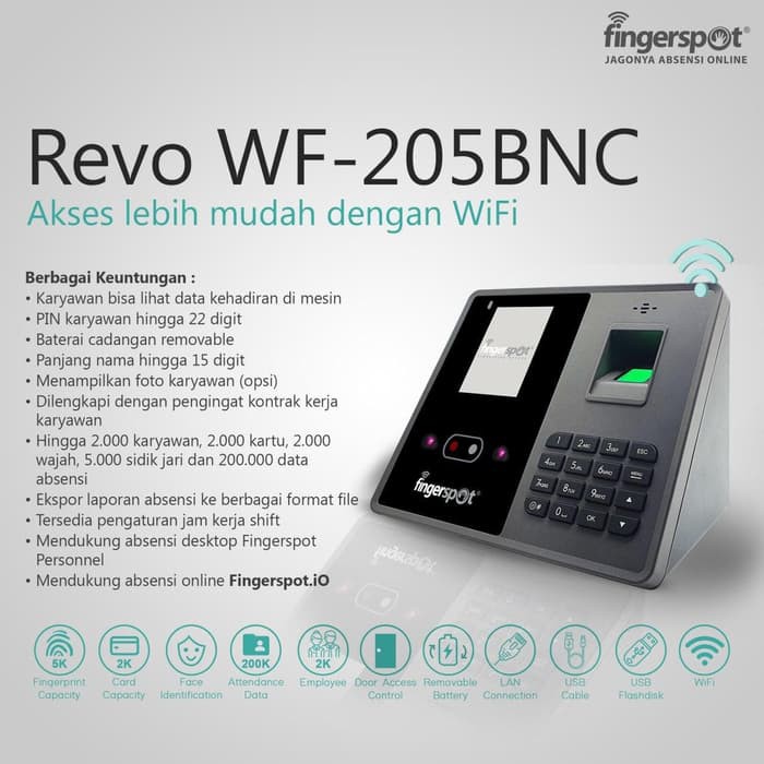 Fingerprint Revo WF-205BNC - Mesin Absensi Wajah + Sidik Jari WiFi Fingerspot - Akses Kontrol Pintu