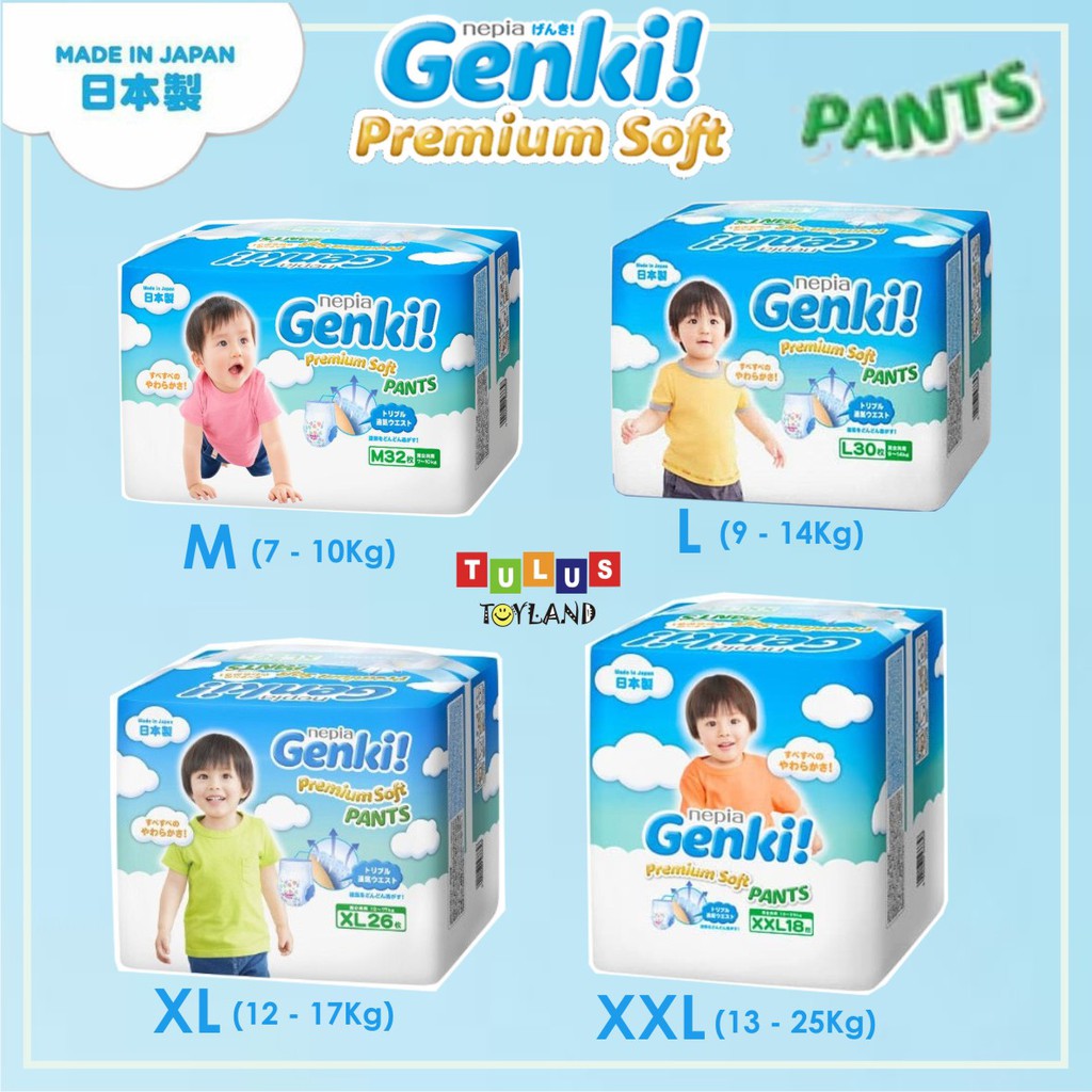 Nepia GENKI PANTS Soft Premium Diapers Celana size M 32 / L 30 / XL 26 / XXL 18 popok diaper bayi