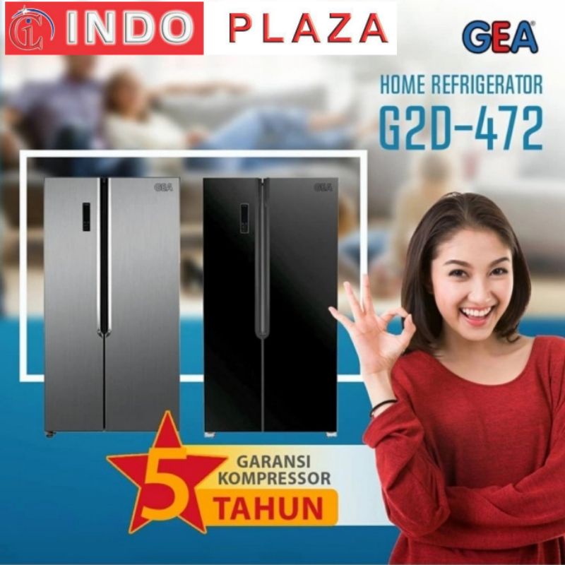 KULKAS SISE BY SIDE GEA G2D-472 INOX SILVER &amp; BLACK GLASS