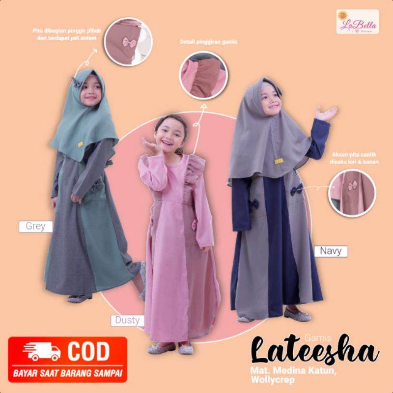 LABELLA GAMIS POLOS SET JILBAB ANAK PEREMPUAN USIA 3-9 TAHUN DRESS MUSLIM SYARI BAHAN KATUN MADINAH 