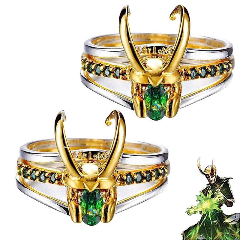 3 in 1 Cincin Desain Helm Thor Loki Marvel Merchandise Loki Bahan Metal Alloy Kristal Hijau