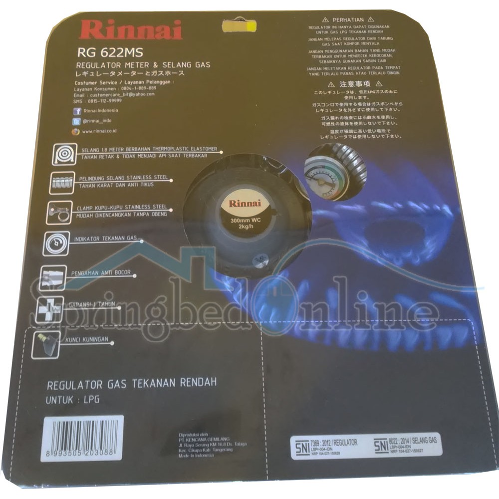 Regulator Selang Metal Gas LPG RINNAI RG 622MS 1.8m SNI Harga Pabrik