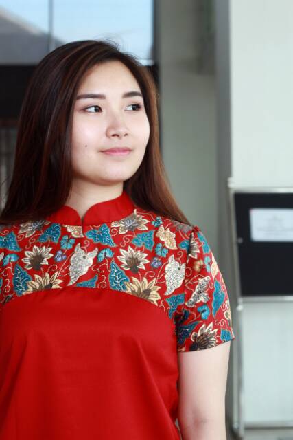 Blouse Batik Wanita Modern Merah M L XL XXL