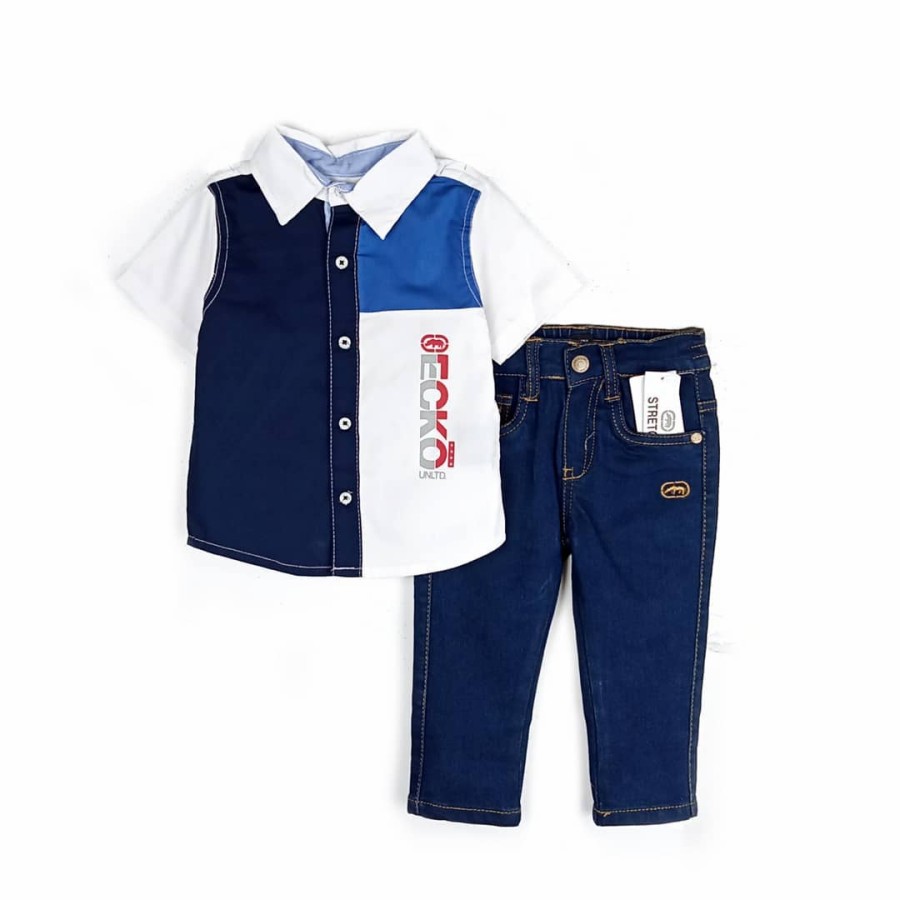 Setelan Anak Laki Kemeja Celana Jeans Ecko Unltd Putih Biru / Kado Baju Set 2in1 Size 12m 2y 3y 4y