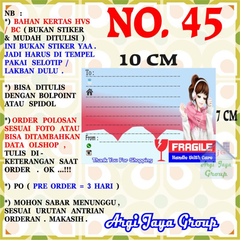 

Label Pengiriman Alamat Olshop Murah Nomer 45 - 10x7cm - Kertas BC (Manila)