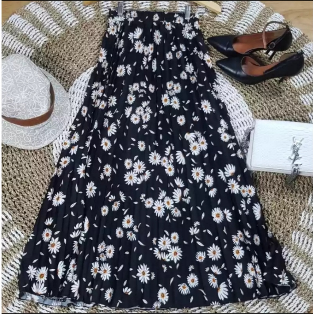 ROK PLISKET DAILY FLOWERS PREMIUM // ROK PLISKET PREMIUM MOTIF BUNGA // BAHAN HYGET PREMIUM-hitam new daisy