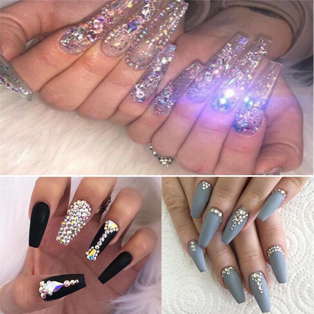 Rebuy Nail Rhinestones Bersinar Non HotFix Manik-Manik Mini Kaca Berlian Kuku Glitter DIY Nail Art