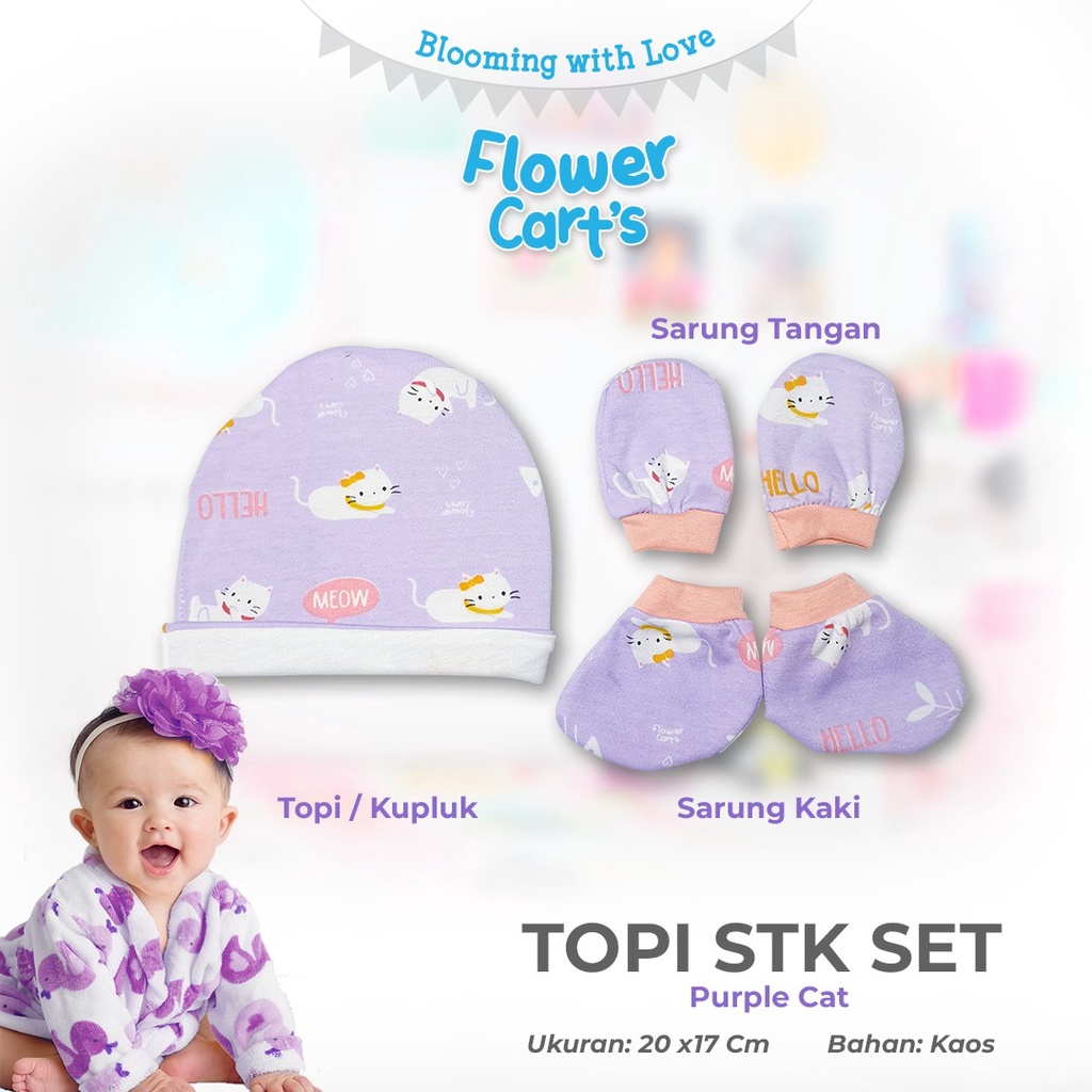 MOMS_TOPI+STK SET FLOWER//TOPI BAYI SARUNG TANGAN KAKI SET NEW BORN