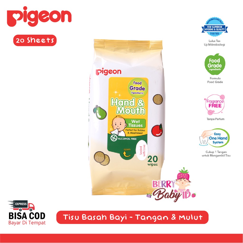 Pigeon Baby Wipes Hand &amp; Mouth Alcohol Free Tisu Basah Bayi 20 Sheet Berry Mart