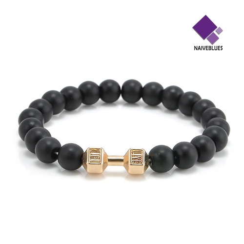 Naiveblue &gt; Gelang Tangan Unisex Dewasa Manik Batu Hitam Matte Adjustable Untuk Fitness / Gym