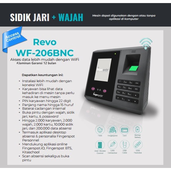 Mesin Absensi Wajah Wifi Revo WF 206BNC Fingerprint Absen SidikJari Kartu Face Battery LAN TCP IP