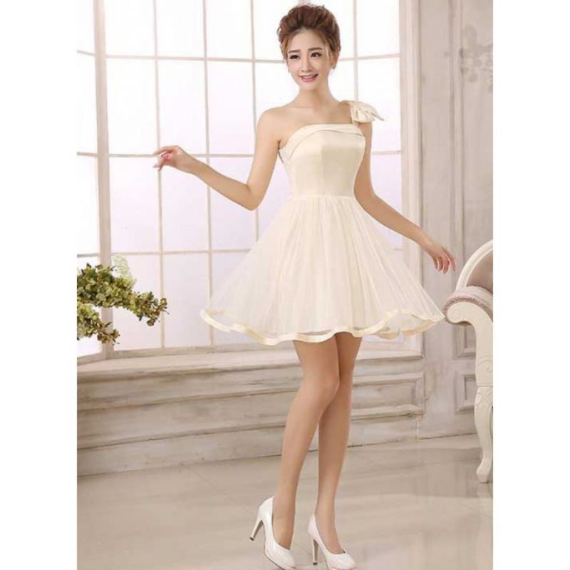 dress wanita model gaun pesta warna gading bahan satin gauze cantik korea