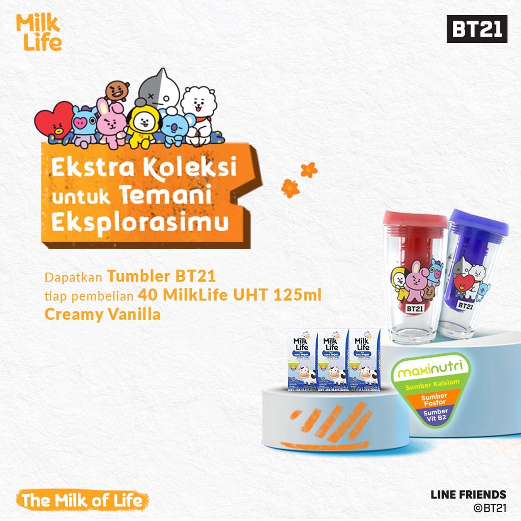 MilkLife Creamy Vanilla - UHT Kids [40 pcs/Tetra Slim Leaf 125 ml] - FREE INFUSED WATER TUMBLER BT21
