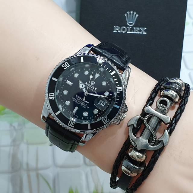 JAM TANGAN ROLEX KULIT TGL AKTIF FREE GELANG 4,3 CM // JAM TANGAN PRIA