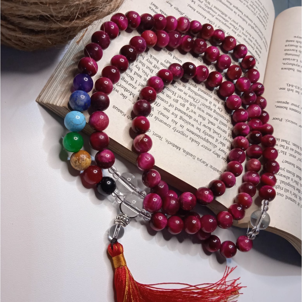 Kalung Tasbih 99 Batu Pink Tiger Eye Kombinasi 7 Chakra