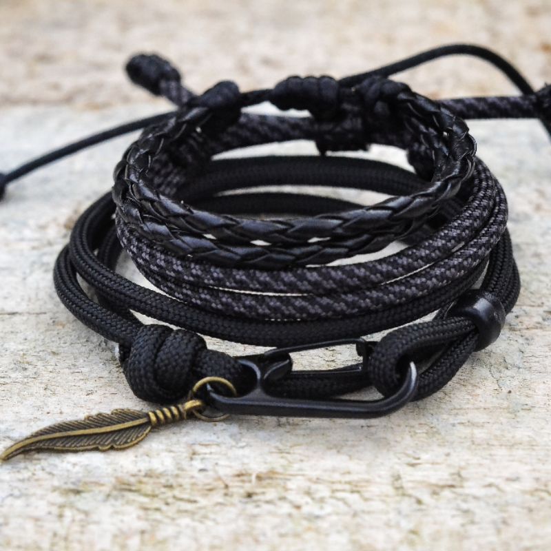 Gelang Pria Bracelet Men Cowok Laki Keren Satu Paket Prusik Paracord Warna Hitam Premium Murah Viral Terbaru Gaya New