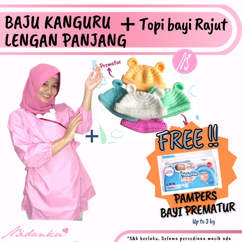 BAJU KANGURU + TOPI RAJUT BAYI SUTRA PREMIUM FREE PAMPERS BAYI PREMATUR UP TO 3 KG