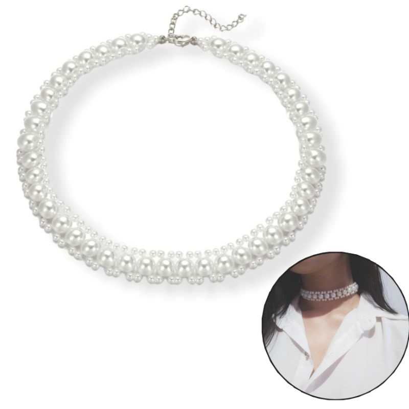 Monica Korean Pearl Choker Necklace Kalung Mutiara Anyam Wanita Aksesoris Gaya Korea