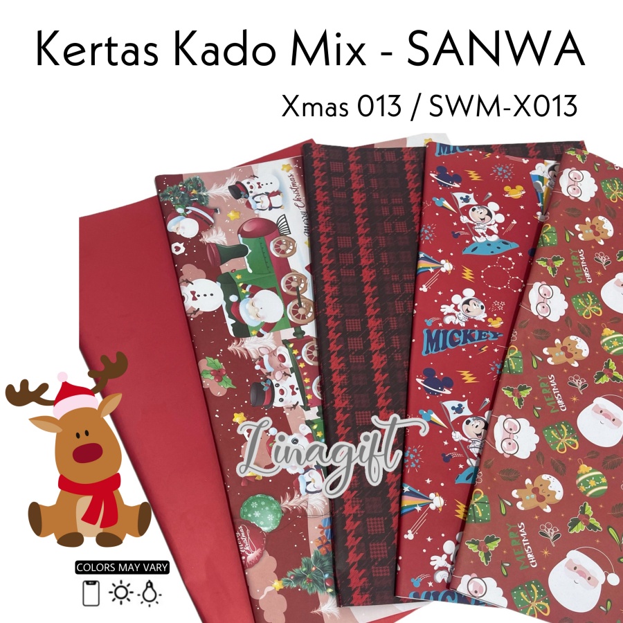 ( 5 Lembar 5 Motif ) XMAS MIX SANWA - KERTAS KADO NATAL - GIFT WRAP PAPER SANSAN WAWA CHRISTMAS SANTA / SNOWMAN / POHON NATAL / RED / GREEN / GOLD