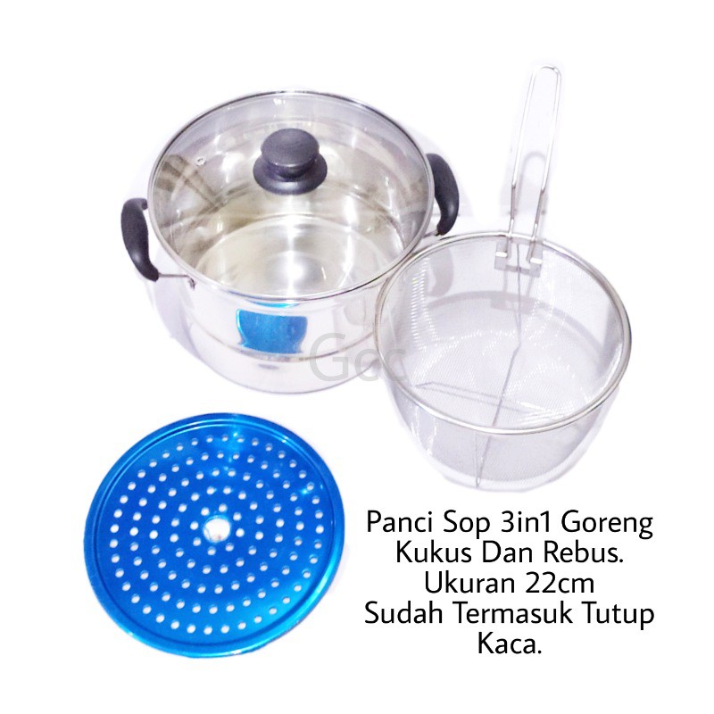 New Alat Masak Serbaguna Panci Sup 3in1 Stainless Steel Serbaguna Goreng Kukus Dan Rebus