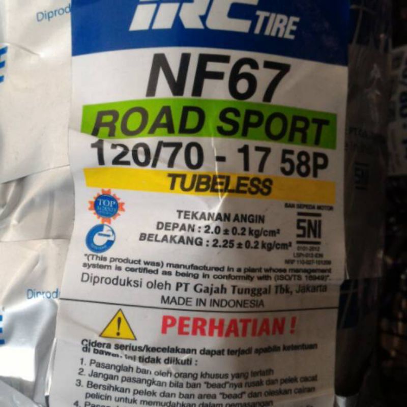 ban irc exato dan nf67 tubeless ring 17 ukuran 120-70/17