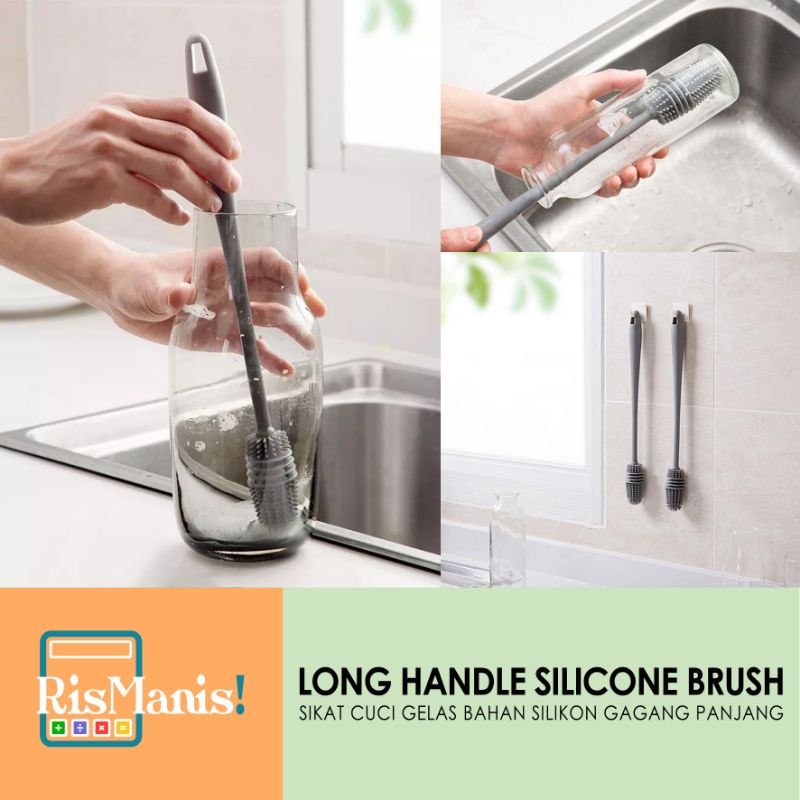 LONG HANDLE SILICONE BRUSH Sikat Dapur Karet Silikon Cuci Botol Gelas Termos Gagang Pegangan Panjang