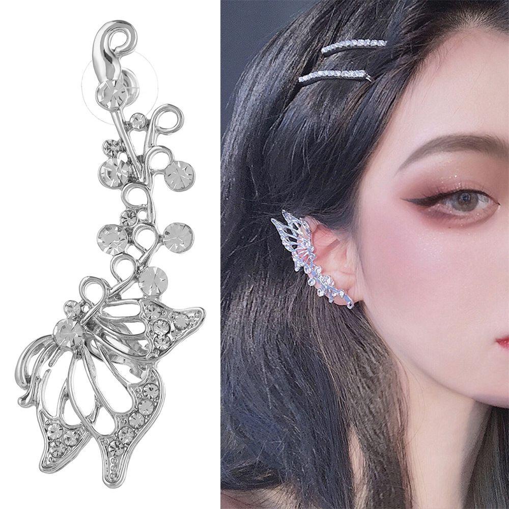 R-flower Ear Cuff Earring Perhiasan Pesta Kupu-Kupu Warna Perak Punk Peri Telinga Bungkus